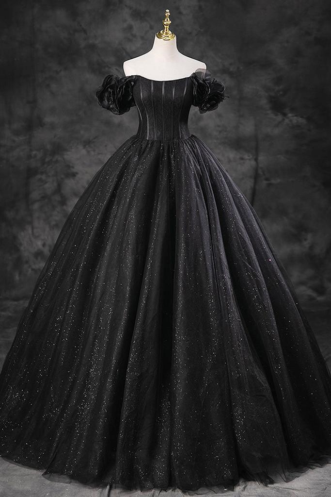 A Line Prom Dress Off the Shoulder Tulle Black Long Evening Gown Evening Dress