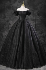 A Line Prom Dress Off the Shoulder Tulle Black Long Evening Gown Evening Dress