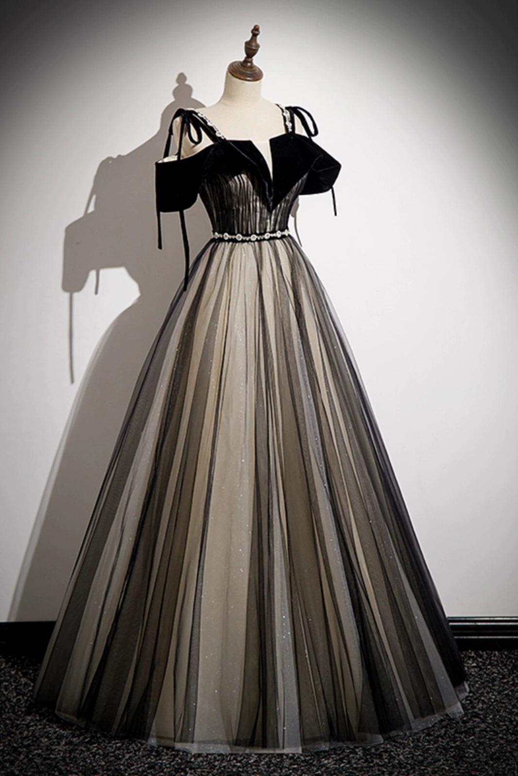 A Line Prom Dress Off the Shoulder Tulle Black Long Formal Dress Evening Dress