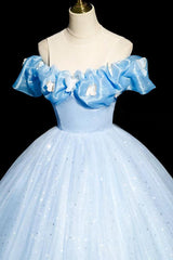 A Line Prom Dress Off the Shoulder Tulle Blue Long Formal Dress Evening Dress