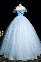 A Line Prom Dress Off the Shoulder Tulle Blue Long Formal Dress Evening Dress
