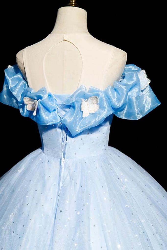 A Line Prom Dress Off the Shoulder Tulle Blue Long Formal Dress Evening Dress