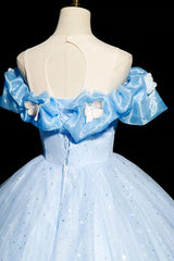 A Line Prom Dress Off the Shoulder Tulle Blue Long Formal Dress Evening Dress