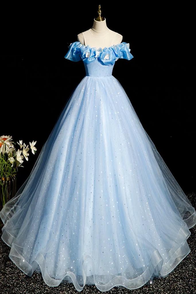 A Line Prom Dress Off the Shoulder Tulle Blue Long Formal Dress Evening Dress