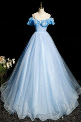 A Line Prom Dress Off the Shoulder Tulle Blue Long Formal Dress Evening Dress