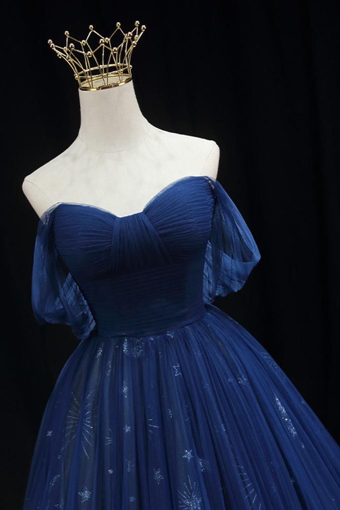 A Line Prom Dress Off the Shoulder Tulle Dark Blue Long Formal Gown Evening Dress