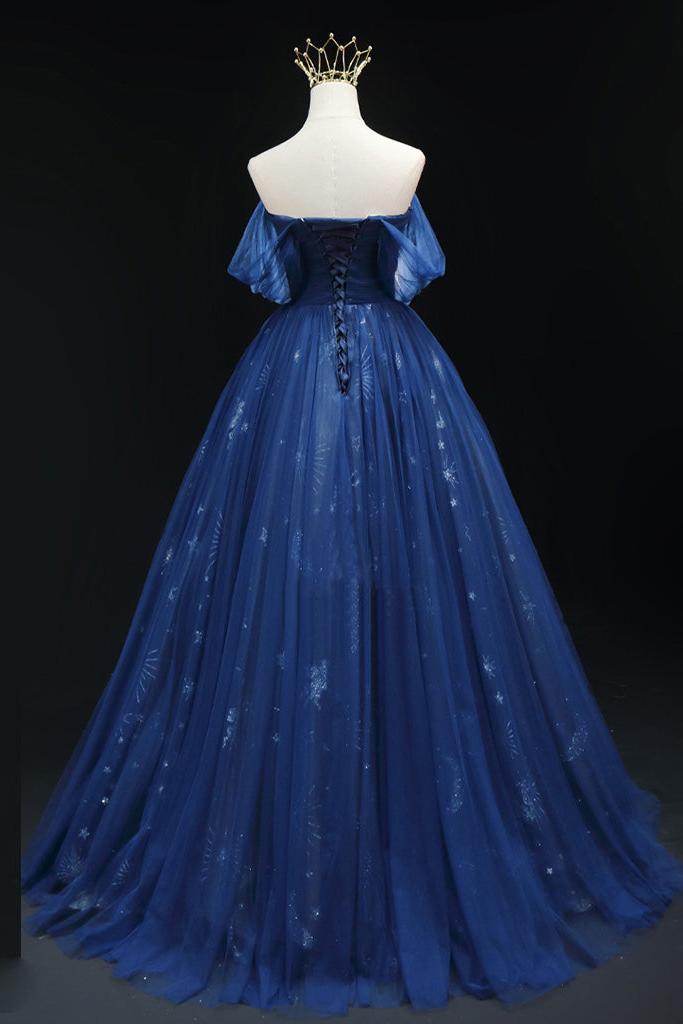 A Line Prom Dress Off the Shoulder Tulle Dark Blue Long Formal Gown Evening Dress