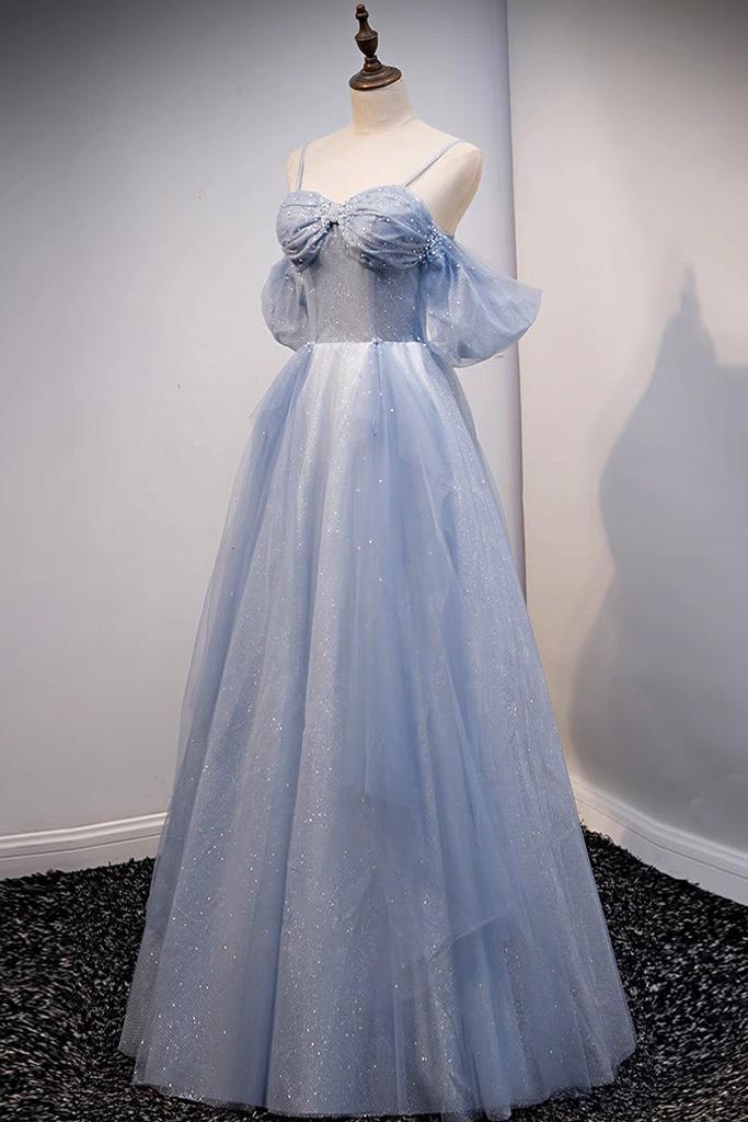 A Line Prom Dress Off the Shoulder Tulle Gray Blue Long Formal Dress Evening Dress