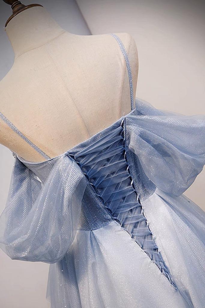 A Line Prom Dress Off the Shoulder Tulle Gray Blue Long Formal Dress Evening Dress