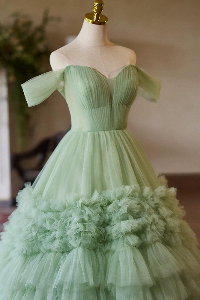 A Line Prom Dress Off the Shoulder Tulle Green Long Sweet 16 Dress Evening Dress