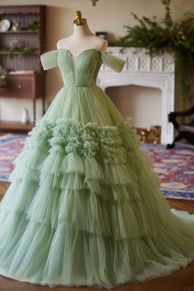 A Line Prom Dress Off the Shoulder Tulle Green Long Sweet 16 Dress Evening Dress