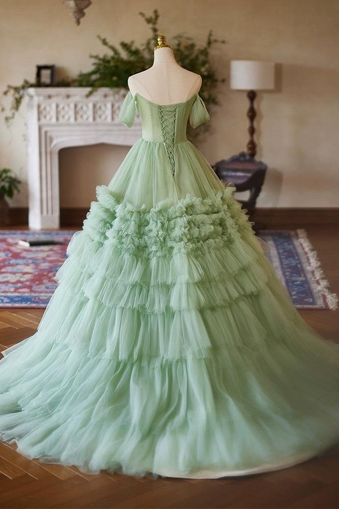 A Line Prom Dress Off the Shoulder Tulle Green Long Sweet 16 Dress Evening Dress