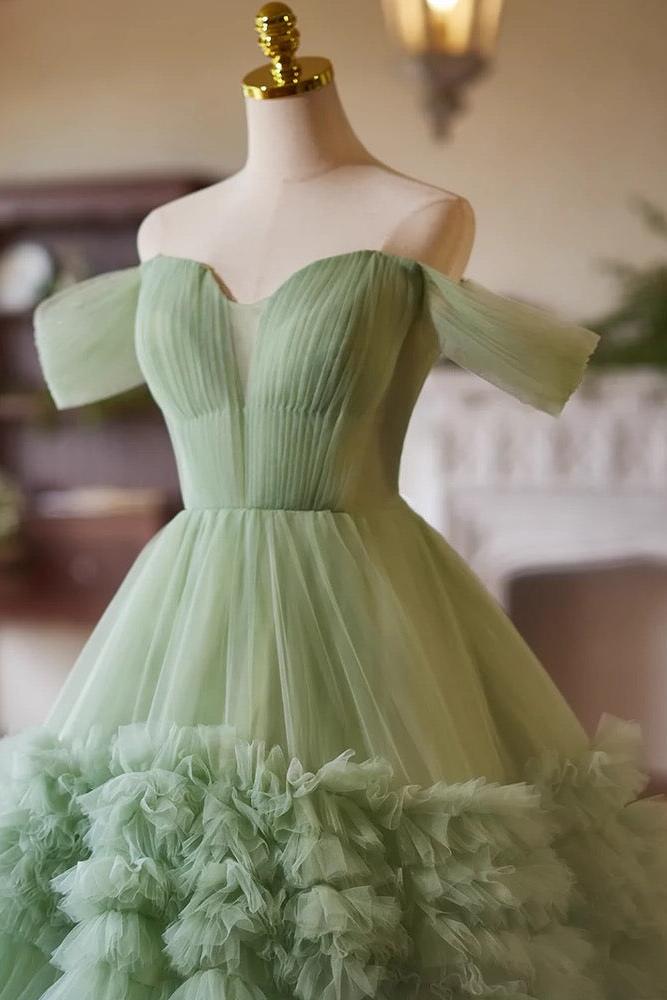A Line Prom Dress Off the Shoulder Tulle Green Long Sweet 16 Dress Evening Dress