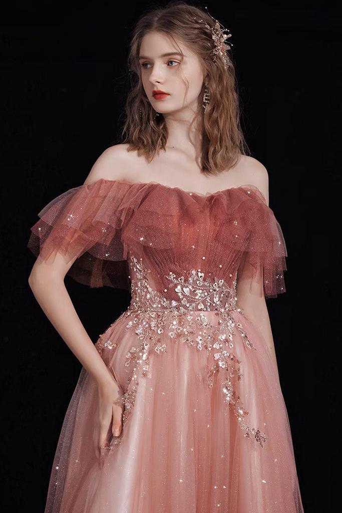 A Line Prom Dress Off the Shoulder Tulle Lace Burgundy Long Formal Dress Evening Dress