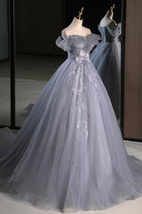 A Line Prom Dress Off the Shoulder Tulle Lace Gray Blue Long Formal Dress Evening Dress
