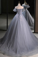 A Line Prom Dress Off the Shoulder Tulle Lace Gray Blue Long Formal Dress Evening Dress