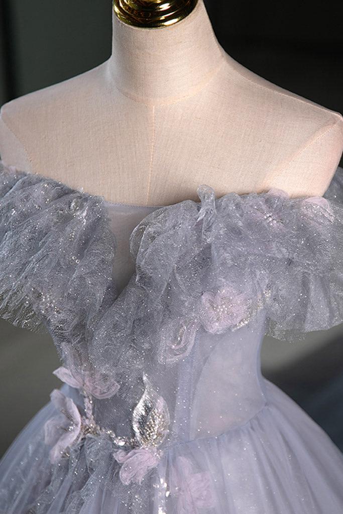 A Line Prom Dress Off the Shoulder Tulle Lace Gray Blue Long Formal Dress Evening Dress
