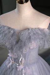 A Line Prom Dress Off the Shoulder Tulle Lace Gray Blue Long Formal Dress Evening Dress