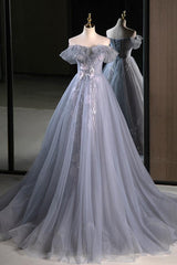 A Line Prom Dress Off the Shoulder Tulle Lace Gray Blue Long Formal Dress Evening Dress