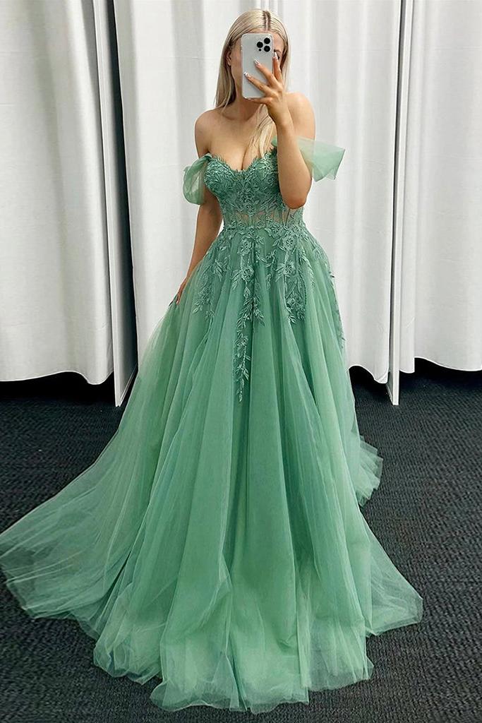 A Line Prom Dress Off the Shoulder Tulle Lace Green Long Formal Dress Evening Dress