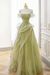 A Line Prom Dress Off the Shoulder Tulle Lace Green Long Graduation Dress Evening Dress