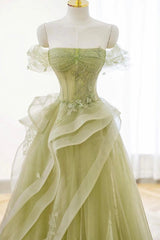 A Line Prom Dress Off the Shoulder Tulle Lace Green Long Graduation Dress Evening Dress