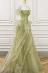 A Line Prom Dress Off the Shoulder Tulle Lace Green Long Graduation Dress Evening Dress