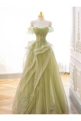 A Line Prom Dress Off the Shoulder Tulle Lace Green Long Graduation Dress Evening Dress