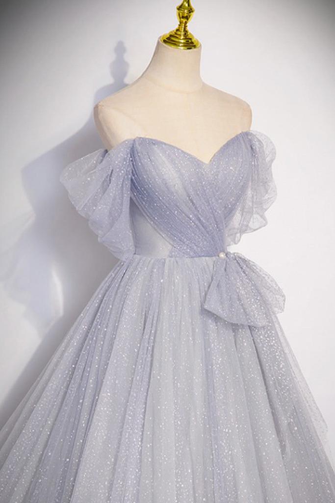 A Line Prom Dress Off the Shoulder Tulle Long Gray Formal Dress Evening Dress