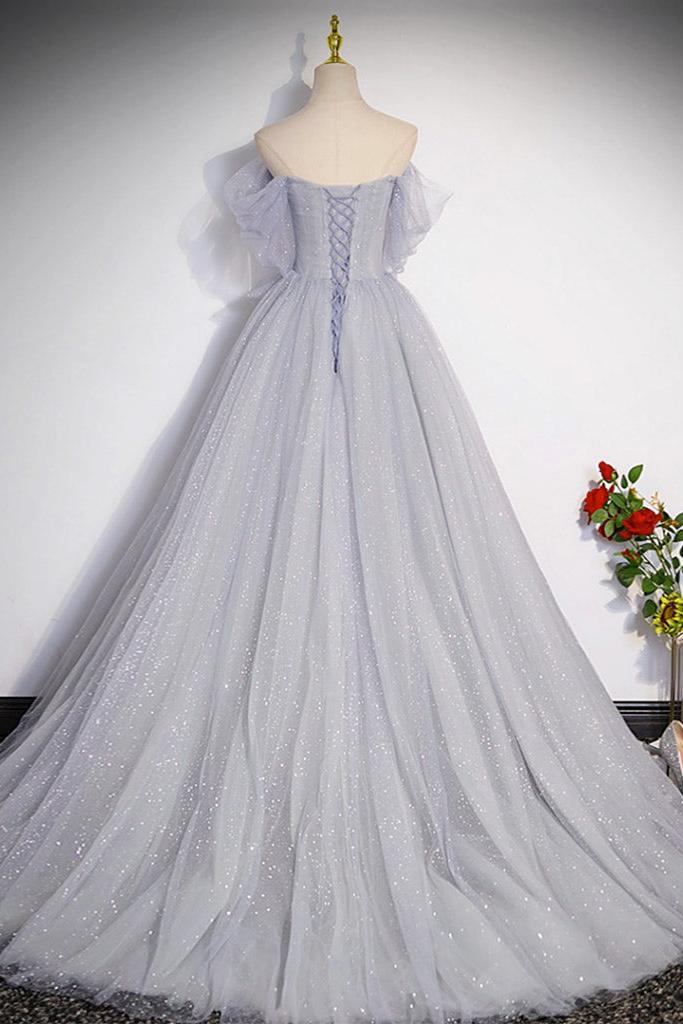 A Line Prom Dress Off the Shoulder Tulle Long Gray Formal Dress Evening Dress