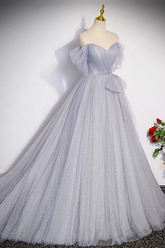 A Line Prom Dress Off the Shoulder Tulle Long Gray Formal Dress Evening Dress
