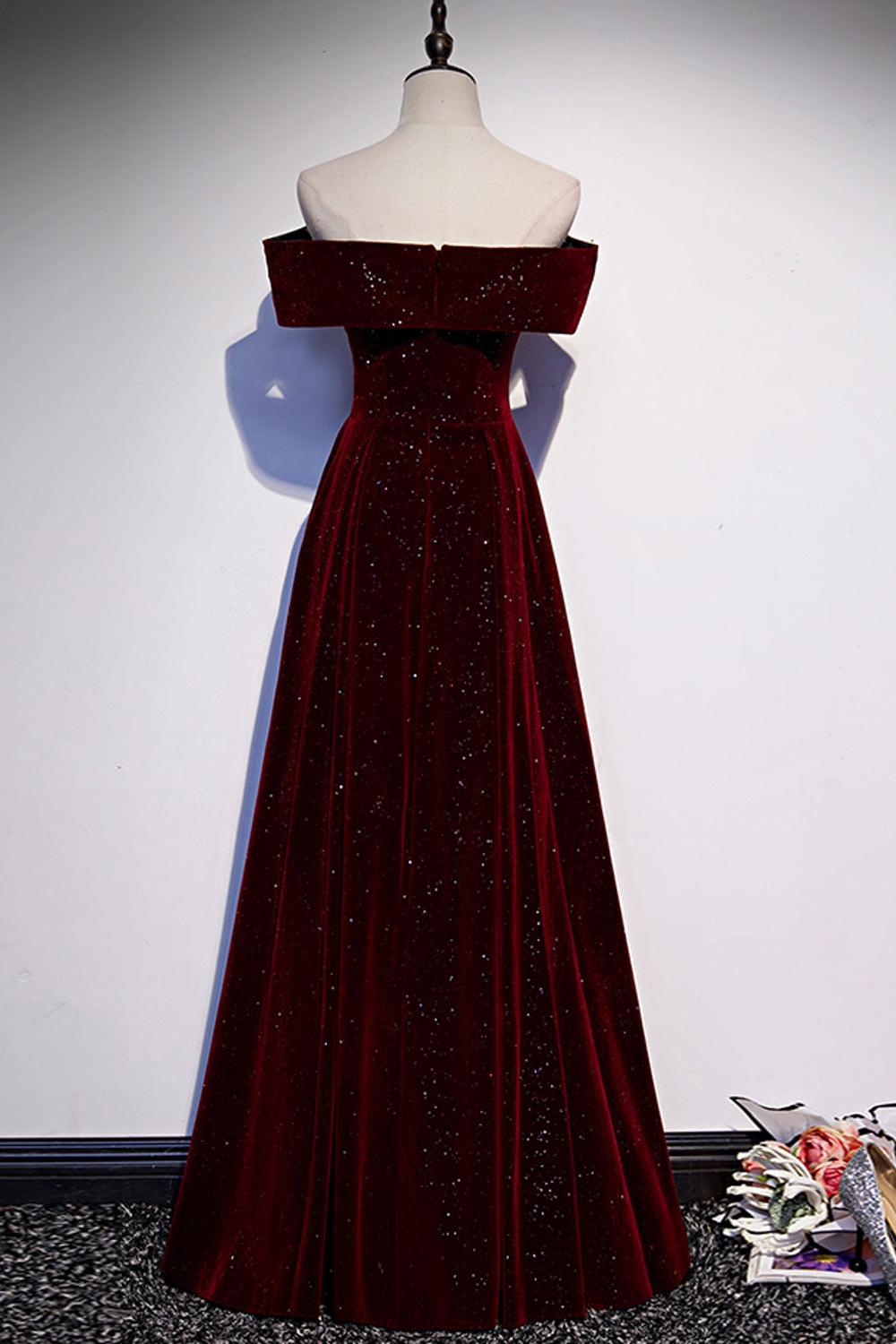 A Line Prom Dress Off the Shoulder Velvet Burgundy Long Formal Dress Evening Dress