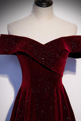 A Line Prom Dress Off the Shoulder Velvet Burgundy Long Formal Dress Evening Dress