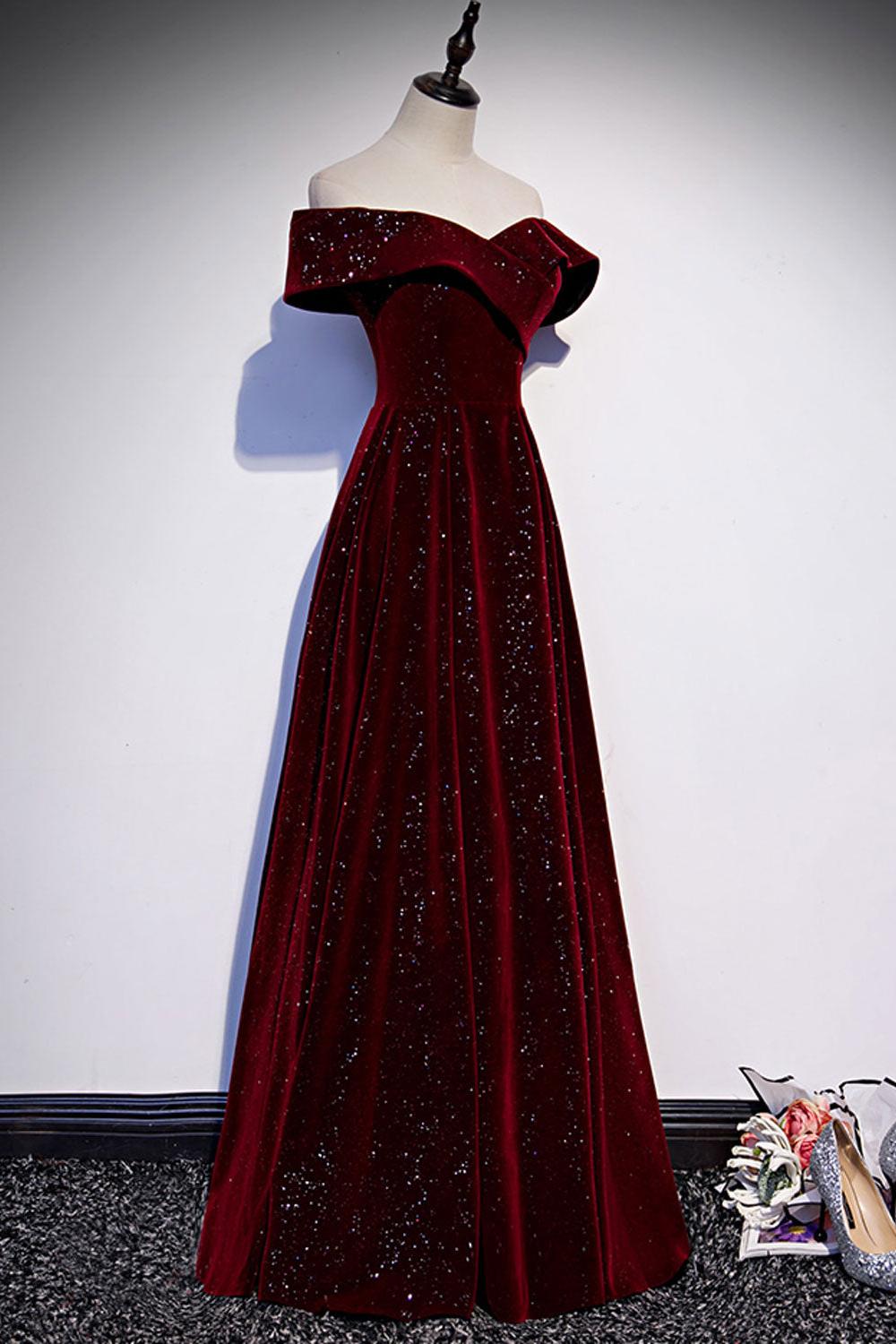 A Line Prom Dress Off the Shoulder Velvet Burgundy Long Formal Dress Evening Dress
