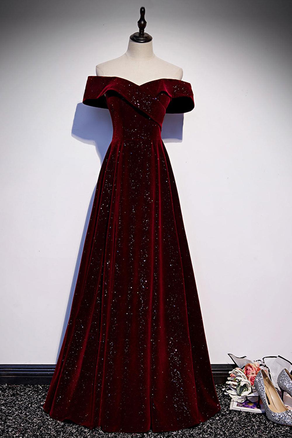 A Line Prom Dress Off the Shoulder Velvet Burgundy Long Formal Dress Evening Dress