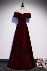 A Line Prom Dress Off the Shoulder Velvet Burgundy Long Formal Dress Evening Dress