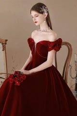 A Line Prom Dress Off the Shoulder Velvet Burgundy Long Tea Evening Dress