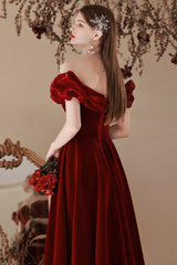 A Line Prom Dress Off the Shoulder Velvet Burgundy Long Tea Evening Dress