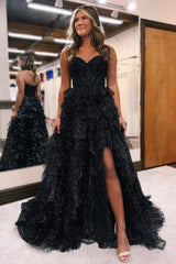 A Line Prom Dress Off the shoulder Glitter Tulle Evening Dress With Split