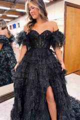 A Line Prom Dress Off the shoulder Glitter Tulle Evening Dress With Split