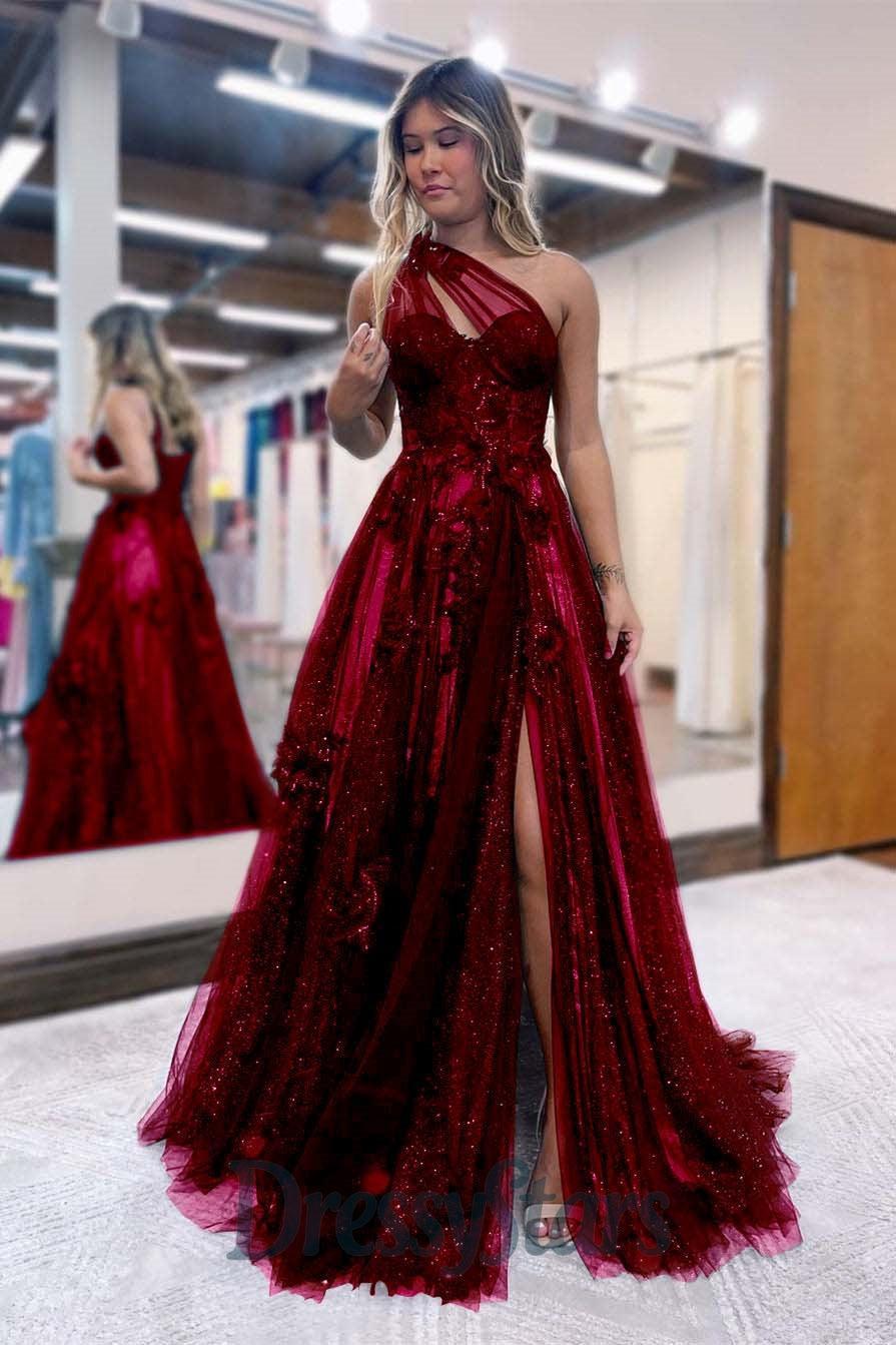 A Line Prom Dress One Shoulder Black Long Appliqued Evening Dress