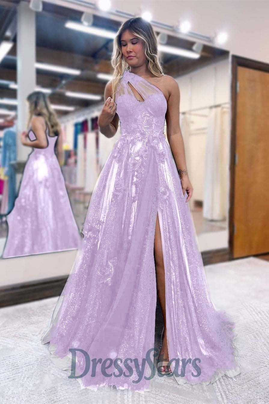 A Line Prom Dress One Shoulder Black Long Appliqued Evening Dress