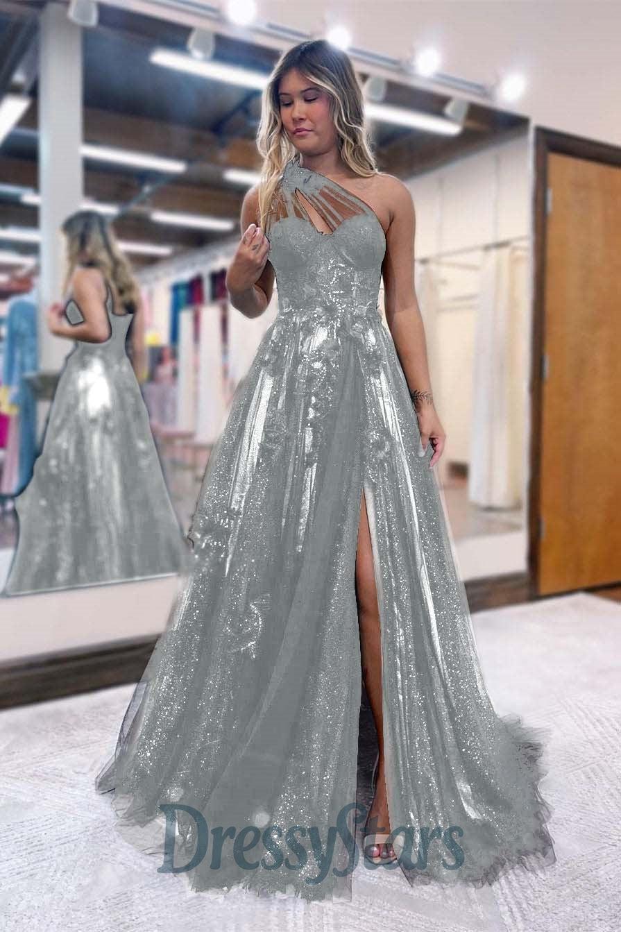 A Line Prom Dress One Shoulder Black Long Appliqued Evening Dress