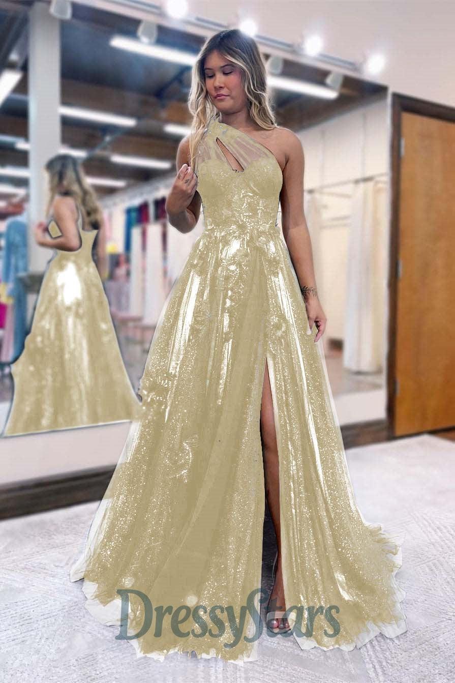 A Line Prom Dress One Shoulder Black Long Appliqued Evening Dress