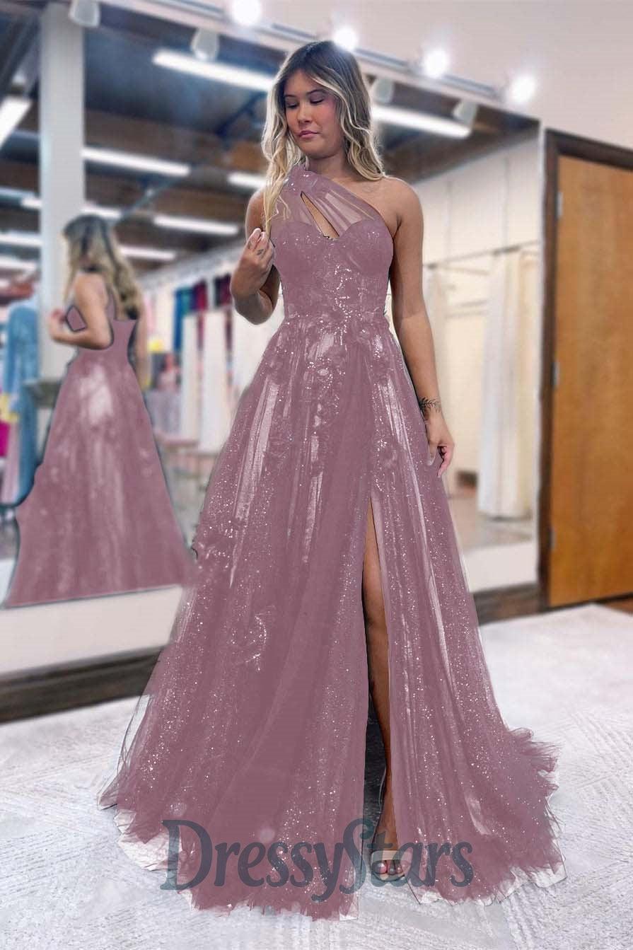 A Line Prom Dress One Shoulder Black Long Appliqued Evening Dress