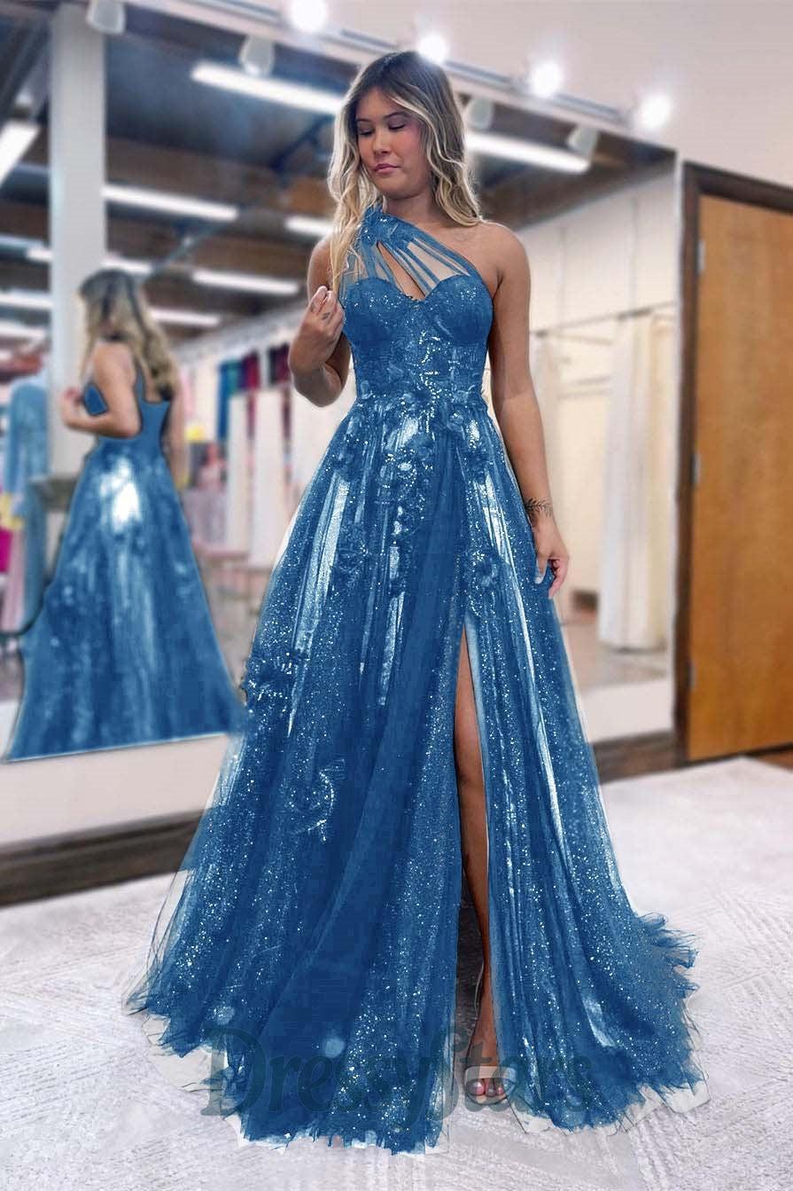 A Line Prom Dress One Shoulder Black Long Appliqued Evening Dress