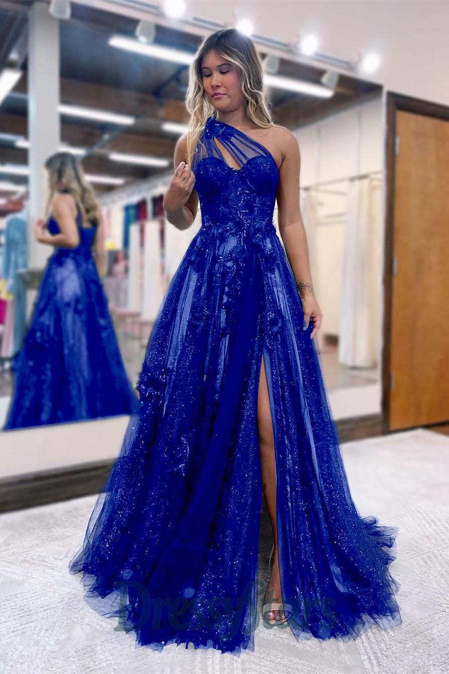 A Line Prom Dress One Shoulder Black Long Appliqued Evening Dress