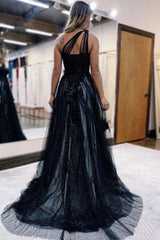 A Line Prom Dress One Shoulder Black Long Appliqued Evening Dress