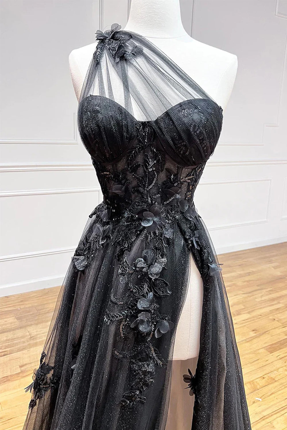 A Line Prom Dress One Shoulder Black Long Appliqued Evening Dress