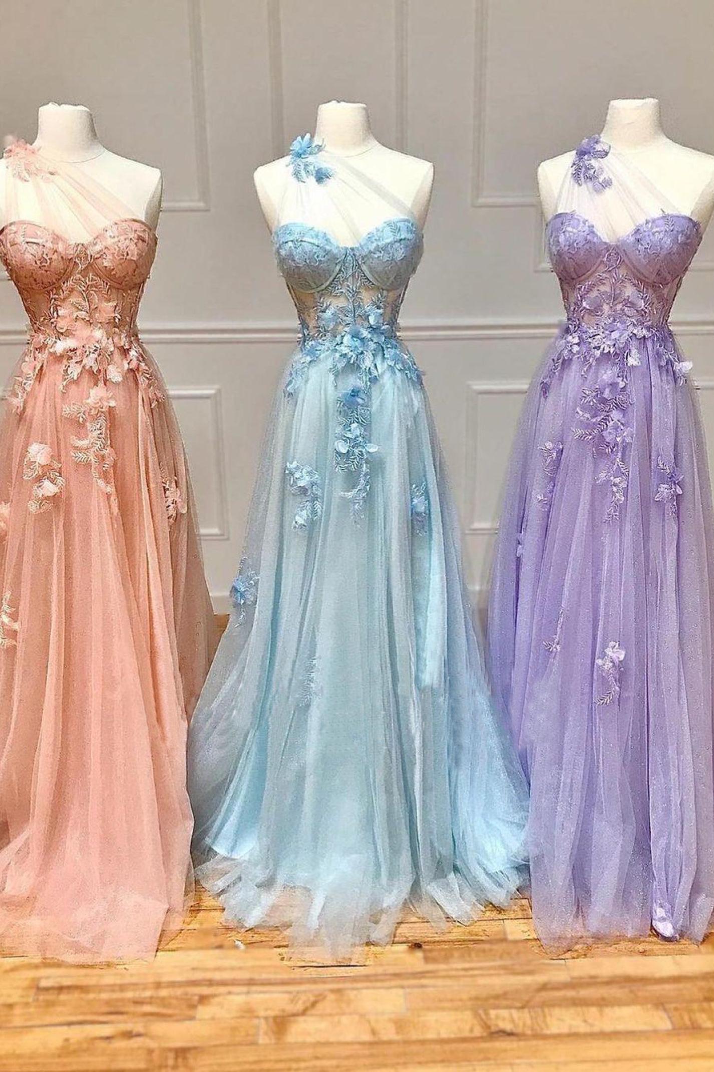 A Line Prom Dress One Shoulder Black Long Appliqued Evening Dress